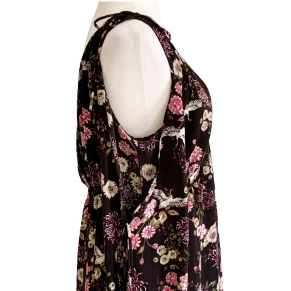 Kensie Dress Black Pink Floral Crane Motif Long Sleeve Cold Shoulder Large - Picture 6 of 15